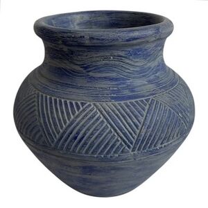 Hallmark Blue Carved Studio Pottery Vase Tribal Design 8.5” Very Good Condition